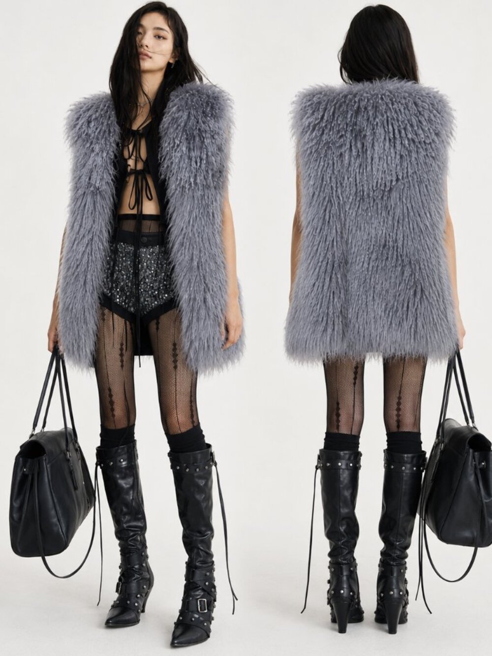 💥STUNNING💥100% Genuine Mongolian Curly Lamb Fur Oversized Vest in Gray